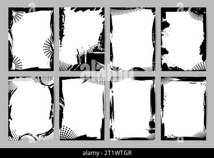 Abstrakte Grunge-Poster mit Tintenstrichen und Rasterpunkten. Pinsel schmutzige Kontur, dekorative Schablone Cover oder Banner, neoterische Vektorsatz Stock Vektor