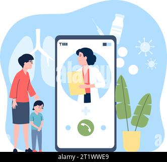 Online-Kinderarzt-Service. Kindermedizin, digitale Klinik. Mutter mit traurigem Kind Beratung mit Arzt auf Smartphone-Bildschirm, neuerer Vektor Stock Vektor