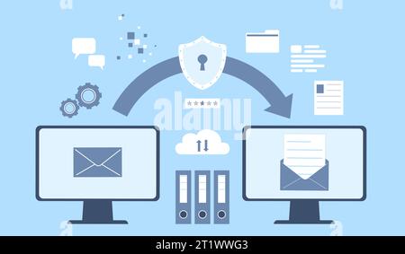 Datenschutz, Sicherheit im Internet. E-Mail und persönliche Daten sicher, digitaler Sicherheitsdienst. Cloud-Arbeitsprozess, Informationen senden, die letzten Vektor-Flat Stock Vektor