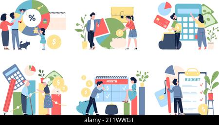 Budgetplanungsszenen, Mitarbeiter im Finanzbankwesen und Familienbuchhaltung. Personalfinanzmanagement, Investitionen in die Zukunft, aktuelles Vektorkonzept Stock Vektor