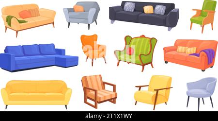 Cartoon-Sofas und -Sessel. Isolierte Couch Sessel Vintage weiche Stuhl zum Entspannen in der Lounge modernes Büro oder Home Studio Zimmer Dekor Inneneinrichtung, Sofa Divan Vektor Illustration von Couch und Sessel Stock Vektor