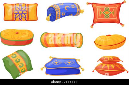Arabische Kissen. Orientalische Cartoon-Kissen in marokkanischer indischer oder asiatischer Hotel-Schlafzimmer-Dekoration, helles Kissen für arabisches Sofa und Bett entspannen, saubere Vektor-Illustration der Dekoration Innenkissen Stock Vektor