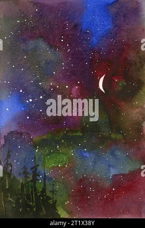 Aquarellmalerei Sternenhimmel Halbmond Mond Kinderzimmer Kunstwerke, trendige Wandkunst handgefertigte Artikel buntes Dekor giclee Stockfoto