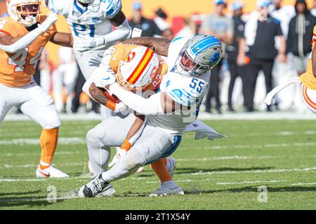 Tampa Bay, Florida, USA, 15. Oktober 2023, Derrick Barnes, der Linebacker der Detroit Lions, ist in der ersten Halbzeit im Raymond James Stadium. (Foto: Marty Jean-Louis/Alamy Live News Stockfoto