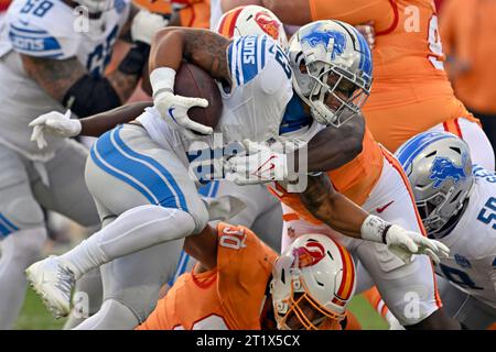 Tampa, Usa. Oktober 2023. Detroit Lions Running Back Craig Reynolds (13) trägt den Ball für einen ersten Niederschlag gegen die Tampa Bay Buccaneers während der ersten Halbzeit im Raymond James Stadium in Tampa, Florida am Sonntag, den 15. Oktober 2023. Foto: Steve Nesius/UPI Credit: UPI/Alamy Live News Stockfoto