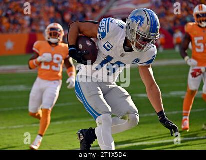 Tampa, Usa. Oktober 2023. Detroit Lions Wide Receiver Amon-Ra St. Brown (14) springt in die Endzone und trifft am Sonntag, den 15. Oktober 2023, gegen die Tampa Bay Buccaneers in der ersten Halbzeit im Raymond James Stadium in Tampa, Florida. Foto: Steve Nesius/UPI Credit: UPI/Alamy Live News Stockfoto