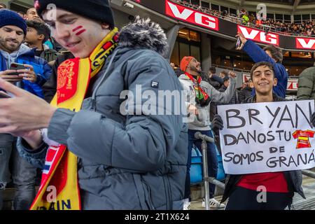 Oslo, Norwegen 15. Oktober 2023 Fans zeigen seine Unterstützung vor dem Qualifikationsspiel zur UEFA-Europameisterschaft 2024 Gruppe A zwischen Norwegen und Spanien im Ullevaal Stadion in Oslo, Norwegen Stockfoto