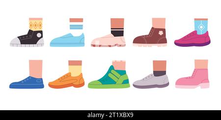 Schuh Schuhe Set Kollektion flach Zeichentrick Illustration Fuß trendige Mode bunte Schuhe Stock Vektor