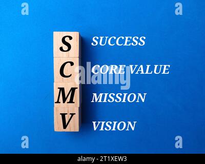 Holzwürfel mit den Worten VISION MISSION CORE VALUES and SUCCESS Stockfoto