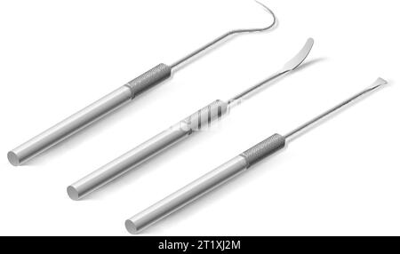 Einfache Zahnarztwerkzeuge auf weiß. Ein Set Isometrische medizinische Geräte aus Metall für die Zahnpflege. Dentalhygiene und Gesundheitskonzept Stock Vektor