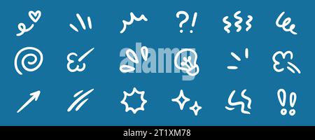 Line Movement Effect Element, Symbol für die Dekoration von Anime Effect. Hand gezeichnet süße Doodle Linie Element Pfeil, Betonung, Schock, Glitzer. Anime-Bewegung, Ausdruck der Form. Vektorabbildung Stock Vektor