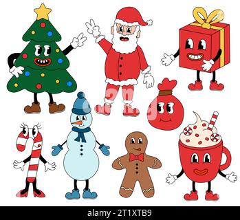 Retro-Set 70er 60er 80er Jahre Hippie Groovy Weihnachtsfiguren. Illustration der Vektorabwicklung. Stock Vektor