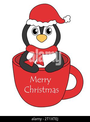 Cartoon Weihnachten und Silvester Pinguin Charakter. Niedlicher Pinguin in Tasse, Schal und weihnachtsmann-Hut. Illustration der Vektorabwicklung. Stock Vektor