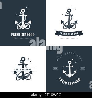 Logos mit frischen Meeresfrüchten. Vintage-Aufkleber mit Ankersymbolen. Shop für Meeresprodukte. Vektorvorlagen für Fischrestaurant auf Schwarzweiß Stock Vektor