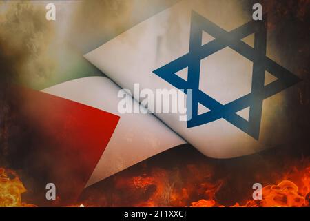 Flaggen von Israel und Palästina gemalt auf gerissenem Mauerhintergrund. Das Konzept des Konflikts zwischen Israel und den palästinensischen Behörden. Stockfoto