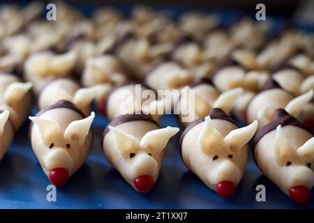 Mehrfach-Cholate-getauchte Schweine aus Marsipan mit einem Apfel im Mund auf einem großen Tablett während der Massenproduktion vor weihnachten Stockfoto