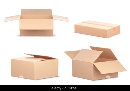 Pappkartons für die Zustellung von Paketen per Post. Realistische Vektor-Illustration Satz von leeren offenen und geschlossenen braunen Verpackungen in verschiedenen Positionen. Fracht- und Versandbootpakete - Mockup. Stock Vektor