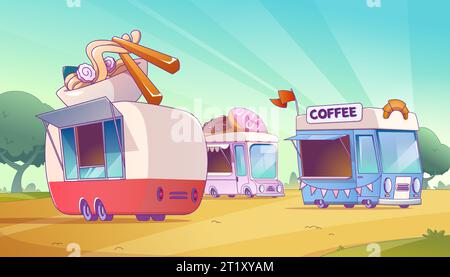 Food Truck im Stadtpark. Cartoon-Vektor-Sommerlandschaft mit Autos, die Mahlzeiten und Getränke verkaufen. Café mit Udon-Nudeln, süßen Donuts und frischem Kaffee auf Rädern. Händlerfahrzeuge auf dem Jahrmarkt. Stock Vektor