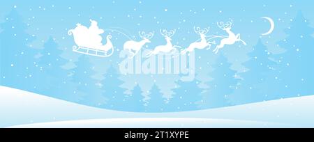 Winterblauer Schneewald mit der Silhouette des Weihnachtsmanns, der in einem Schlitten mit Rentieren fliegt. Weihnachtliches modernes Banner mit Platz für Text, flache Jahreszeit Stock Vektor