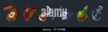 Design-Elemente für Piratenspiele, isoliert im Hintergrund. Vektor-Karikaturillustration des Vintage-Kompasses für Navigation, Hut, Armhaken, schwarze Flagge mit fröhlichem roger-Zeichen, korkter Rum-Flasche, Schiffsanker Stock Vektor