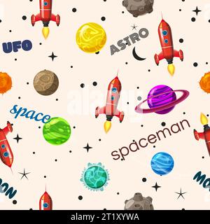 Raumplaneten, Raketen und Sterne mit nahtlosem Muster Stock Vektor