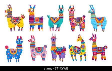 Zeichentrick-Lama und Alpaka-Figuren. Lustige Lama-Tiere, Südamerika, Peru oder Mexiko wilde oder landwirtschaftlich isolierte Vektorfiguren, die Decken und Sättel mit mexikanischen ethnischen Ornamenten tragen Stock Vektor