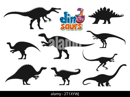 Cartoon-Dinosaurier lustige Charaktere Silhouetten. Suchomimus, Dravidosaurus, Probactrosaurus und Hypacrosaurus, Elaphrosaurus, Ouranosaurus und Alectrosaurus Dinosaurier Personas Vektorsilhouetten Stock Vektor