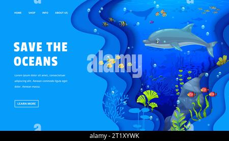 Landing Page, Unterwasser Papier geschnitten Landschaft mit Zeichentrickdelfin, Fischschwärme und Algen, Vektor-Website Hintergrund. Speichern Sie die Landingpage-Vorlage für Ozeane mit Korallenriffwalen und Meerestieren Stock Vektor