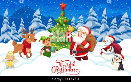 Cartoon Santa und Weihnachtsfiguren auf Weihnachtspapier schneiden Schnee. Weihnachtsgrußkarte, Neujahrspapier geschnittene Vektorfahne oder Hintergrund mit Weihnachtsmann, Elf, Hirsch, Schneemann und Engel nette Persönlichkeiten Stock Vektor