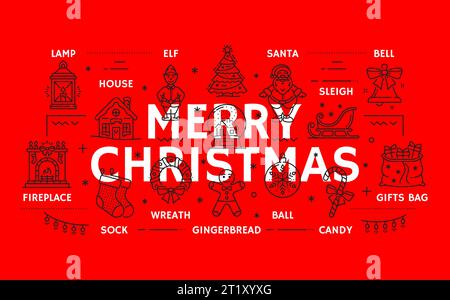 Infografiken zur Weihnachtslinie. Vektor Xmas dünne Linie Infografik Lampe, Haus, Elfe, Kiefer und Weihnachtsmann. Schlitten, Glocke, Kamin, Socke oder Kranz und Lebkuchen. Kugelkugel, Zuckerrohr und Geschenktüte Stock Vektor
