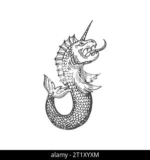 Mittelalterliche heraldische Tiermonsterskizze. Fantasy-Kreatur, magisches Tier oder gehörntes Meeresmonster, mittelalterliches Narwal-Heraldic-Ätzvektor-Emblem. Mythische Bestie, altes Wappen, Skizzenzeichen Stock Vektor