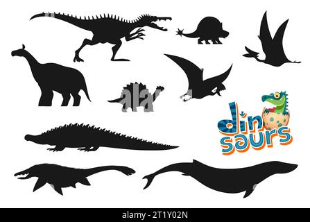 Cartoon Dinosaurier lustige Persönlichkeiten Silhouetten. Baryonyx, Doedicurus, Quetzalcoatlus und Indricotherium, Carbonemys, Tapejara und Sarcosushus, Mosasaurus Wassertiere und fliegende Dinosaurier Silhouetten Set Stock Vektor