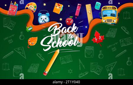 Back to School Papier geschnittenes Banner mit Bildungs-Zeichentrickfiguren auf Tafel Hintergrund. Niedliche Buch-, Bleistift-, Apfel-, Lineal- und Schulbus-Vektorfiguren mit 3D-Layered Papercut-Rändern Stock Vektor