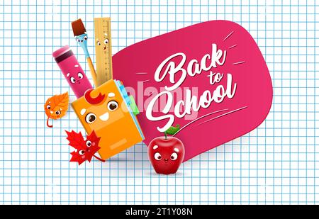 Schulpädagogik-Cartoon-Figuren, Vektor-Back-to-School-Poster. Niedliches Buch, Lineal, Pinsel, Apfel, Textmarker und Blattfiguren mit lustigen Gesichtern auf quadratischem Notizbuchpapierhintergrund Stock Vektor