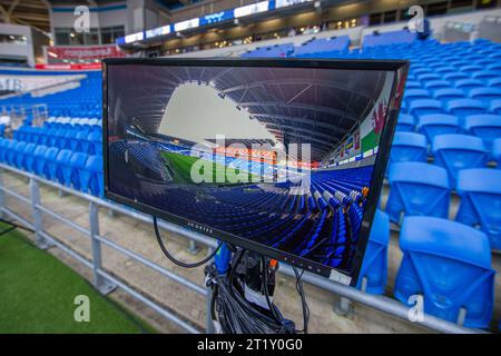 Cardiff City Stadium, Cardiff, Großbritannien. Oktober 2023. UEFA Euro Qualifying Gruppe D Fußball, Wales gegen Kroatien; Medienbildschirme bereiten sich auf das Spiel vor. Beschreibung: Action Plus Sports/Alamy Live News Stockfoto