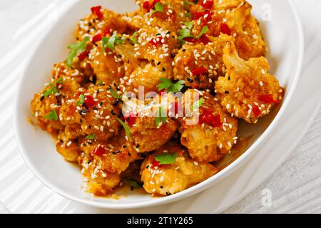 Knusprige orange Blumenkohlröschen mit Sesamsamen, Chili-Flocken und Petersilie in weißer Schüssel auf weißem Holztisch, Nahaufnahme Stockfoto