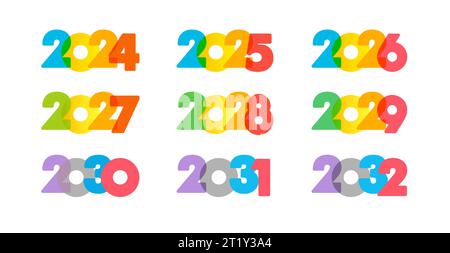 Satz kreativer Zahlen von 2024 bis 2032. Kreative Symbole 2025, 2026, 2027, 2028, 2029, 2030 und 2031 Logo. Kalender- oder Planerdeckungsdesign. Isoliert Stock Vektor