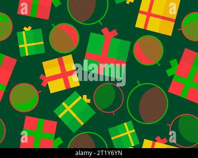 Nahtloses Weihnachtsmuster mit Geschenkboxen und Weihnachtskugeln. Weihnachtsbaumschmuck und Geschenke, rot und grün. Weihnachtsdesign für Print, wra Stock Vektor