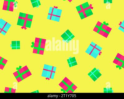 Nahtloses Muster für Geschenkboxen für Weihnachten. Grüne und rote Geschenkboxen mit Schleifen auf gelbem Hintergrund. Weihnachtsgeschenke Design für Grußkarten, Banner Stock Vektor