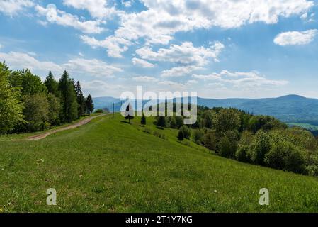 Wunderschöner Frühlingssonnenbalg Filipka Hügel in Slezske Beskiden Bergen in Tschechien mit Wiese, Bäumen, Wanderweg und Hügeln von Moravskoslezske Bes Stockfoto