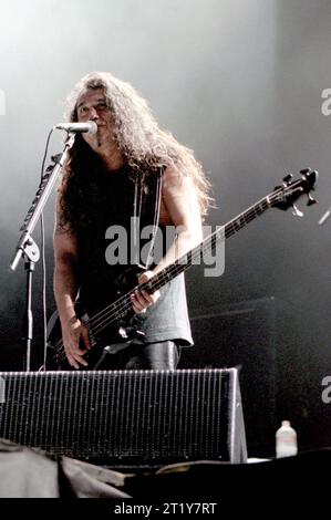 Mailand Italien 11.06.2000: Der Sänger und Bassist Tom Araya von der Slayer-Band während des Gods of Metal Festivals im Stadio Brianteo Stockfoto