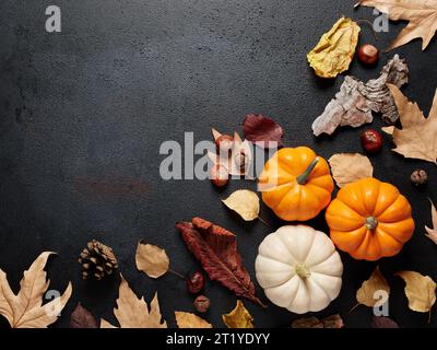 Herbstkürbisse und Herbstblätter auf schwarzem Hintergrund mit Kopierraum für Text. Gruß- und Feiertagshintergrund. Stockfoto