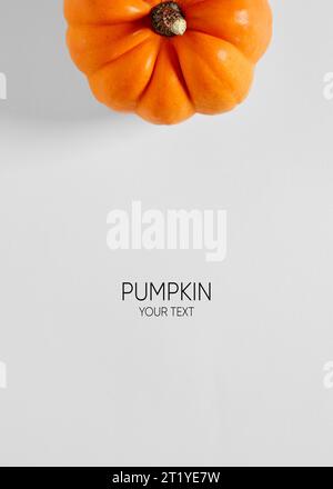 Kreatives Layout aus Herbstkürbis auf weißem Hintergrund mit Kopierraum für Text. Flache Ansicht. Stockfoto