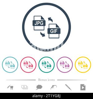JPG GIF-Dateikonvertierung flache Symbole in runden Konturen. 6 Bonussymbole enthalten. Stock Vektor