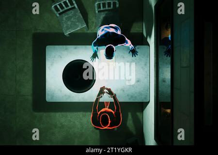Polizeiverhörraum aus einem hohen Winkel gefangen. Silhouetten eines Polizisten und eines Verdächtigen, die die Intensität und Komplexität ihrer Stockfoto