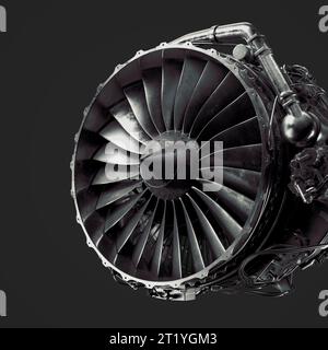 Detaillierte Nahaufnahme eines CFM56-Turbofan-Triebwerks in einem Boeing-Flugzeug. Das Bild zeigt den vorderen Lüfter des Motors in klarer Detaildarstellung. Perfekt für einen Stockfoto