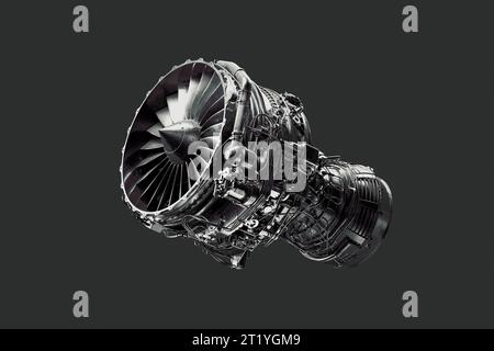 Detaillierte Nahaufnahme eines CFM56-Turbofan-Triebwerks in einem Boeing-Flugzeug. Das Bild zeigt den vorderen Lüfter des Motors in klarer Detaildarstellung. Perfekt für einen Stockfoto