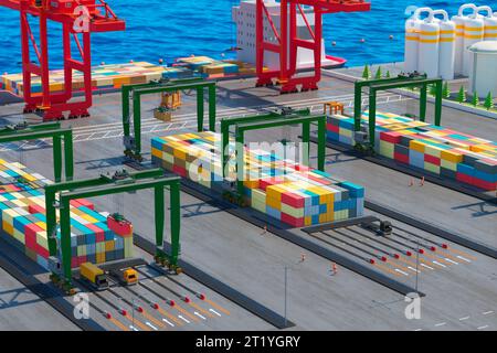 Kräne, die Containerschiffe im Seehafen verladen. Logistikbranche. Stockfoto