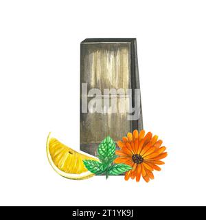 Aquarellillustration einer Papiertüte mit Tee, Zitrone, Minze und Ringelblume. Isoliert auf weißem Hintergrund, handgezeichnet Stockfoto