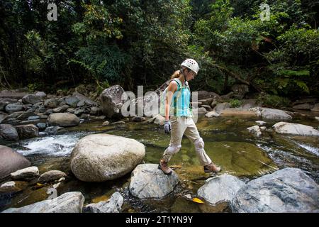 Eine junge Frau wandert durch den Dschungel von Puerto Rico auf einem Abenteuer an einem sonnigen Tag. Stockfoto